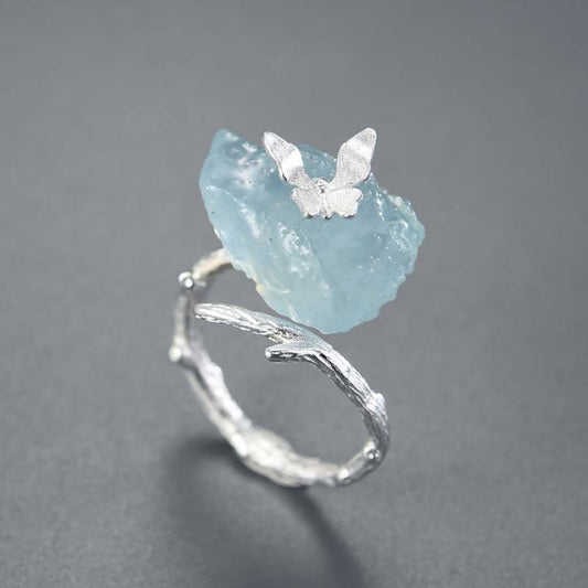 Vintage Butterfly Aquamarine Stone Adjustable Ring