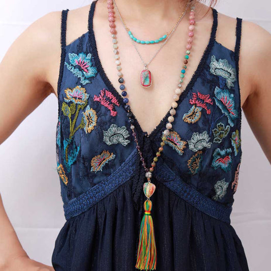 Jasper Chakra Charm Triangle Tassel Necklace