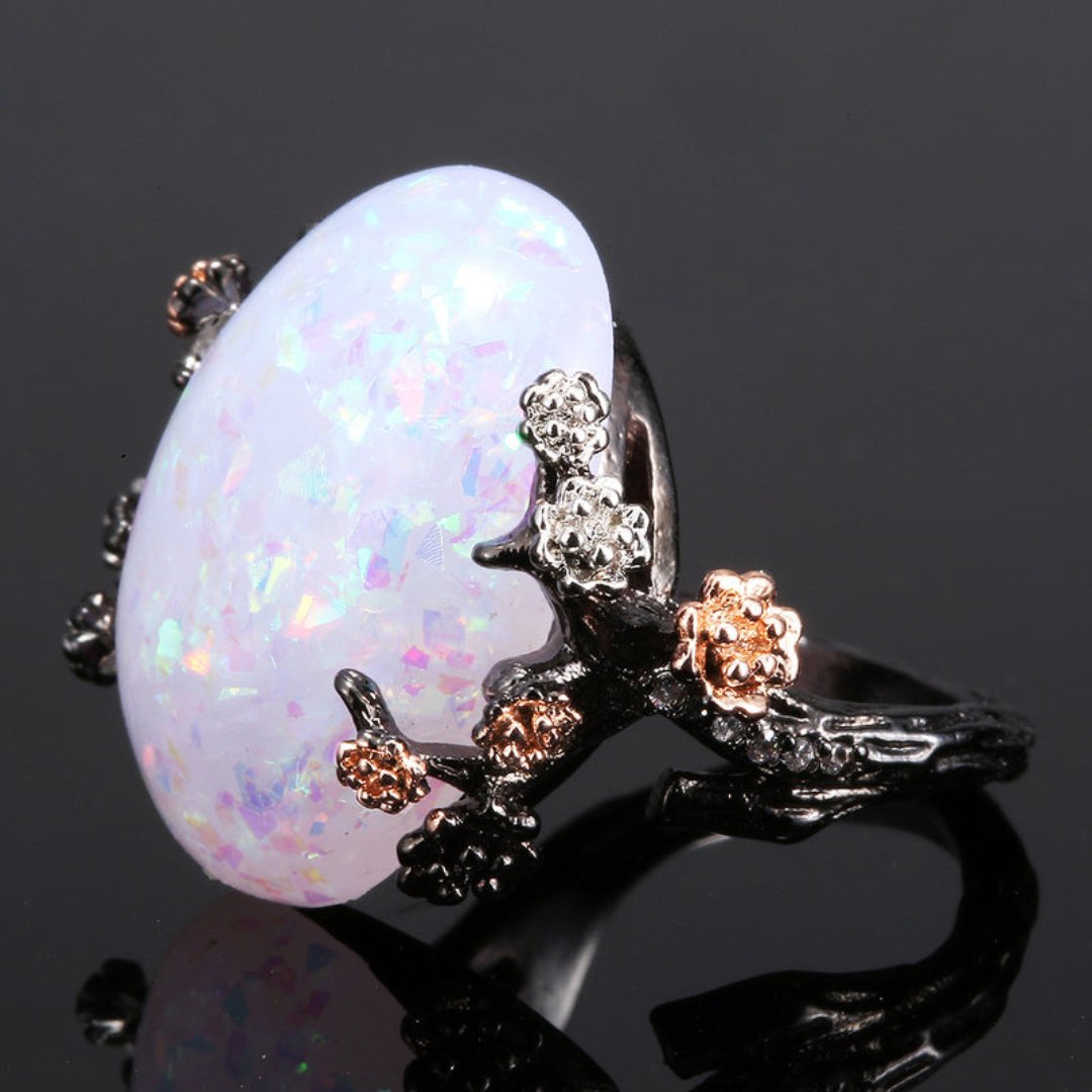 Vintage Plum Blossom Tree Flower Opal Ring
