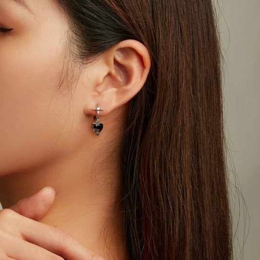 Black Heart Zirconia Silver Hoop Earrings