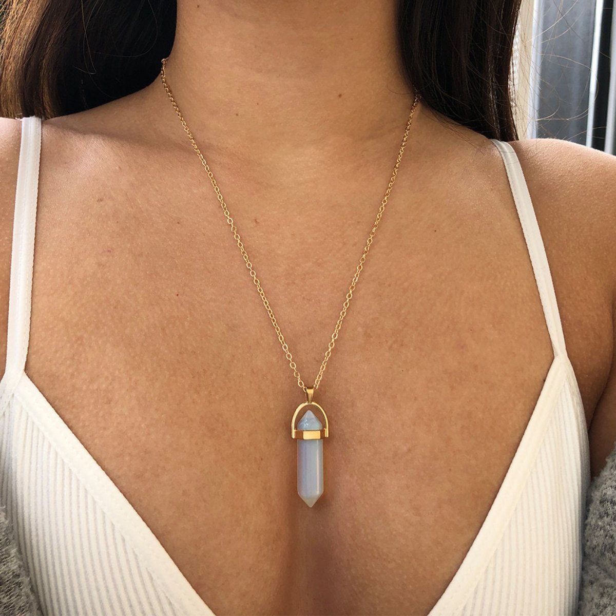 Elegant Opal Stone Hexagonal Column Necklace