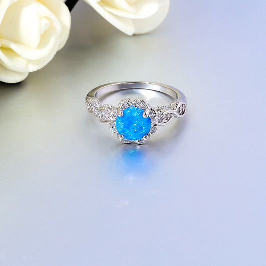 Flower Blue Fire Opal Zirconia Ring