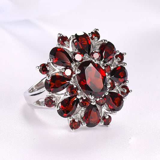 Stylish Flower Garnet 925 Sterling Silver Ring