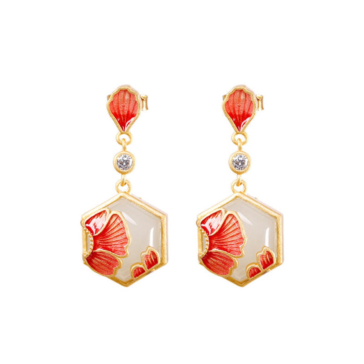 Luxury Gold Plated Flower White Jade Earrings