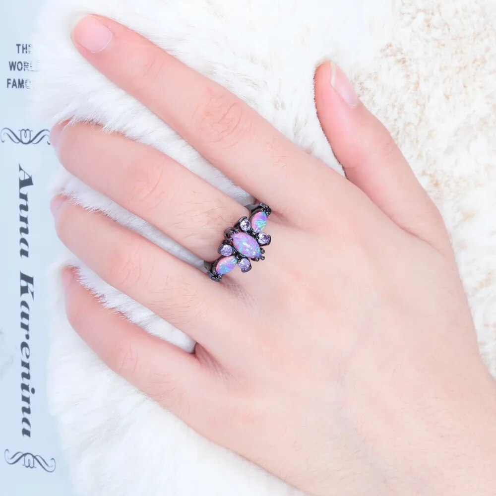 Schmetterling Rosa Großer Feueropal Schwarz Gold Ring