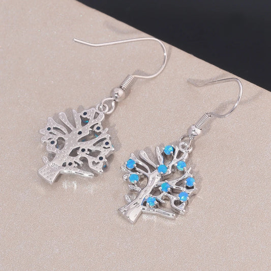 Life Tree Blue Fire Opal Silver Plated Earrings