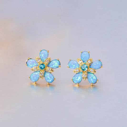Ocean Blue Fire Opal Flower Stud Earrings