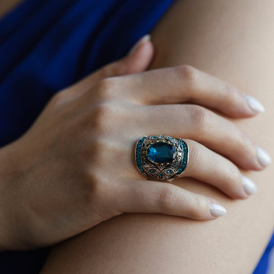 Aquamarine Turkish Mosaic Silver Ring