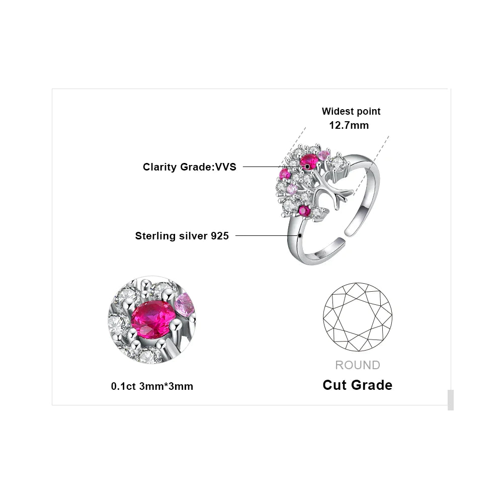 Tree Of Life Ruby Silver Adjustable Ring