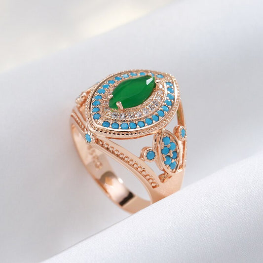 Vintage Emerald Turquoise 14K Rose Gold Ring