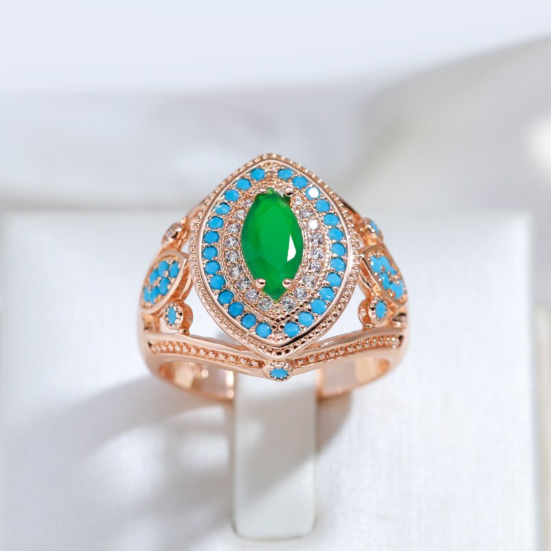 Vintage Emerald Turquoise 14K Rose Gold Ring