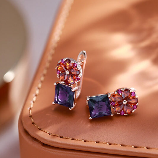 Schicke Blumen-Amethyst-Ohrringe aus 14 Karat Roségold