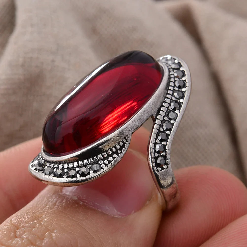 Retro Garnet Stone Adjustable Silver Ring