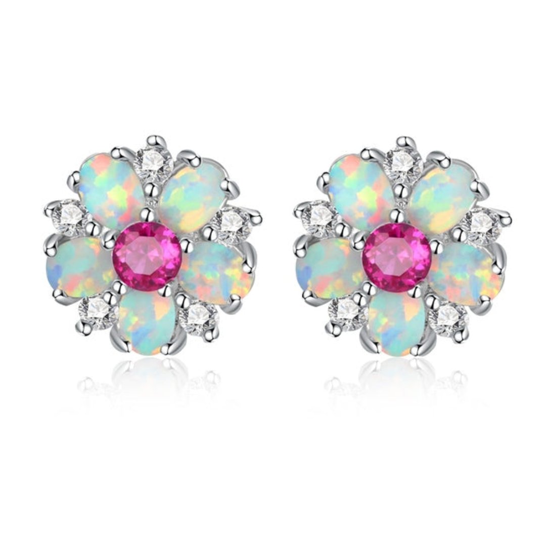 Luxury Flower Fire Opal 925 Sterling Silver Earrings