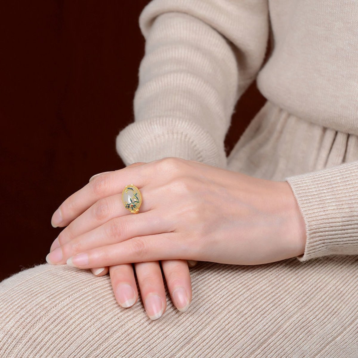 Elegant Gold Hetian Jade Adjustable Ring