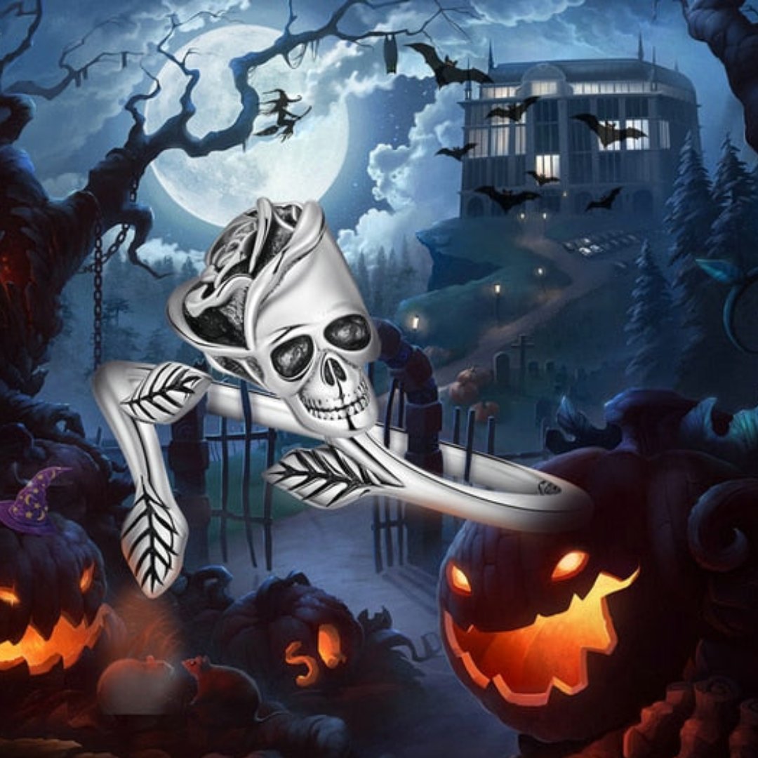 Skull Hand & Skull Rose Silver Adjustable Ring