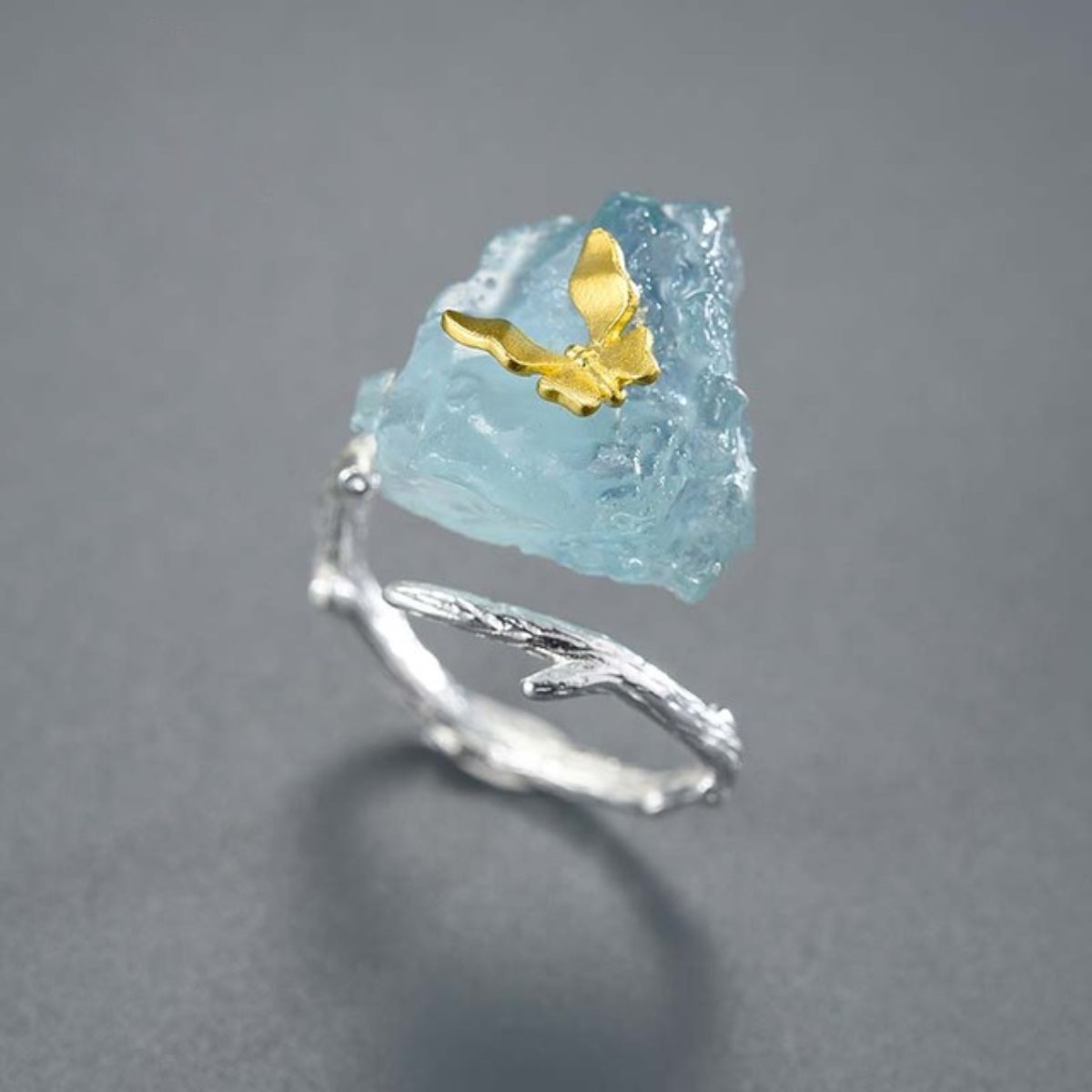 Vintage Butterfly Aquamarine Stone Adjustable Ring
