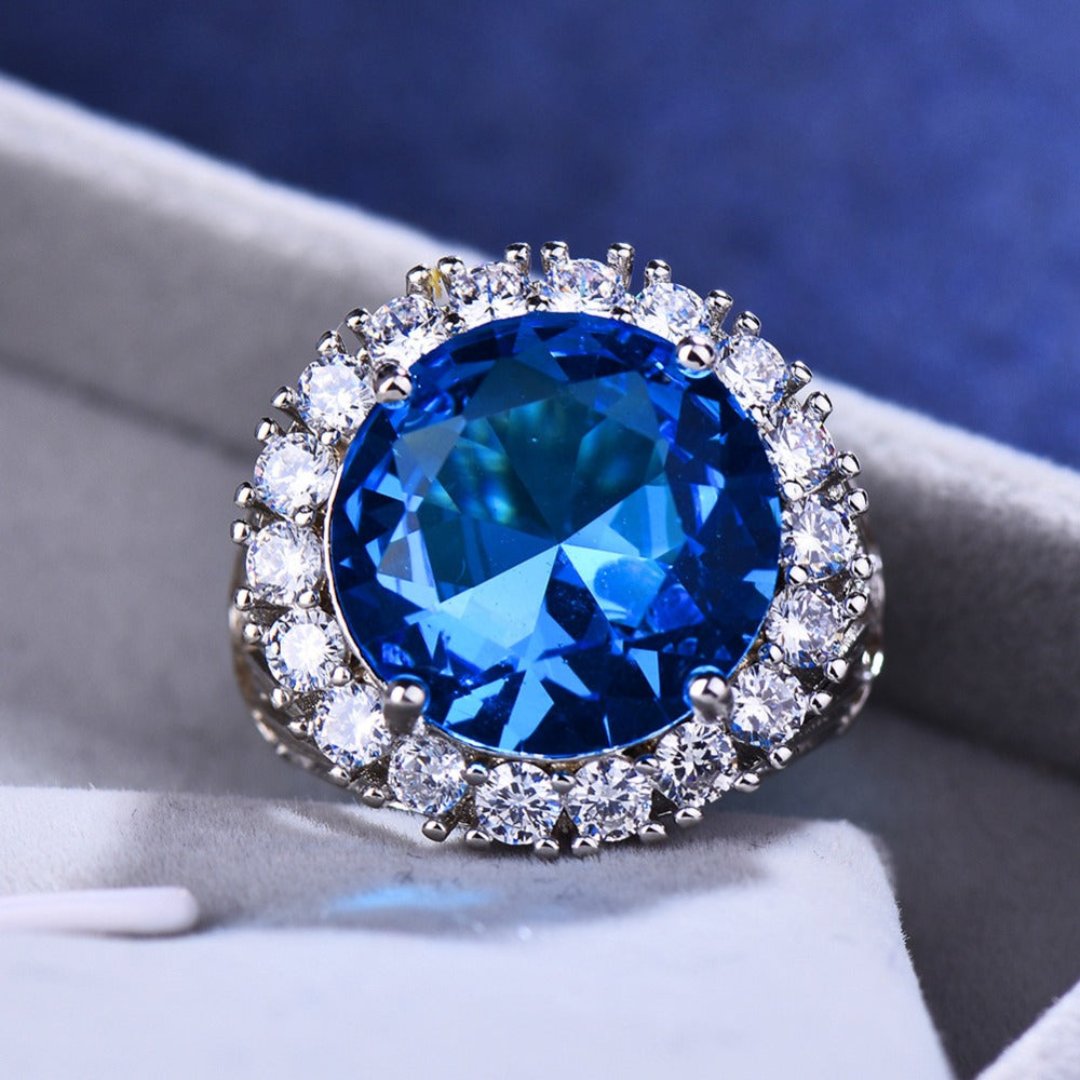 Luxury Big Blue Aquamarine Silver Ring