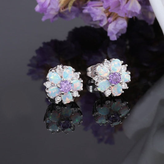 Luxury Flower Fire Opal 925 Sterling Silver Earrings