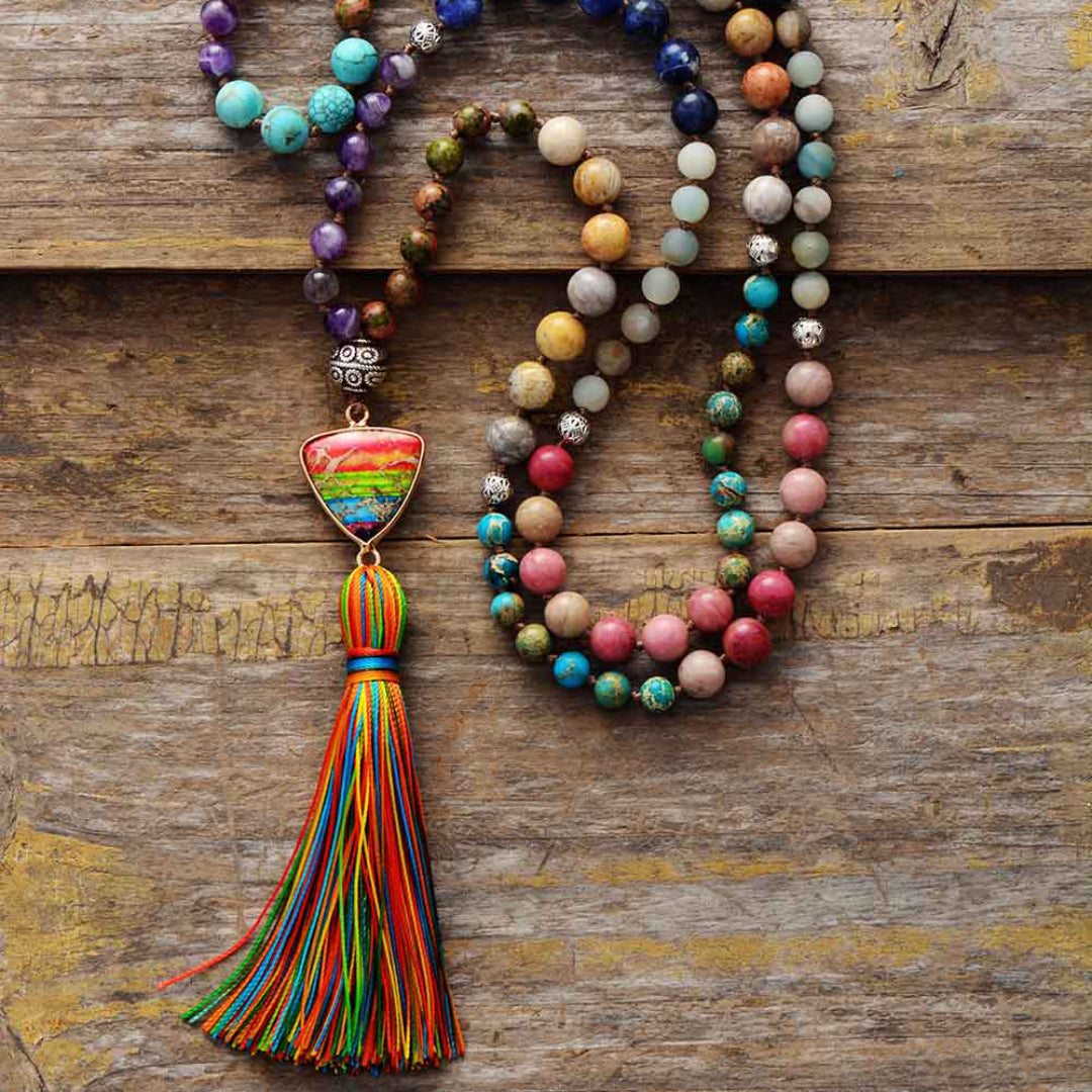 Jasper Chakra Charm Triangle Tassel Necklace