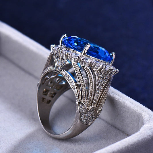 Luxury Big Blue Aquamarine Silver Ring