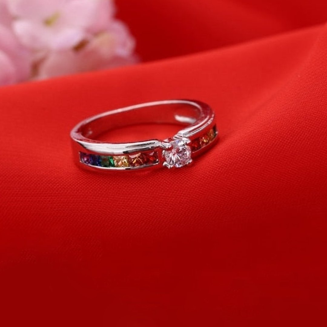 Sterling-Silberring mit Strasssteinen „Love“ und Regenbogen