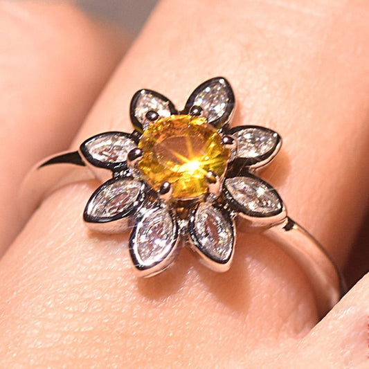 Charm Daisy Citrine Sterling Silver Ring