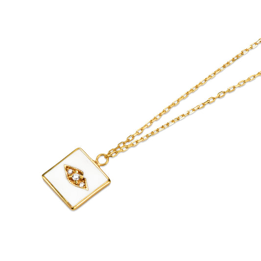 Weiße quadratische Halskette mit bösem Blick aus 24 Karat Gold Vermeil