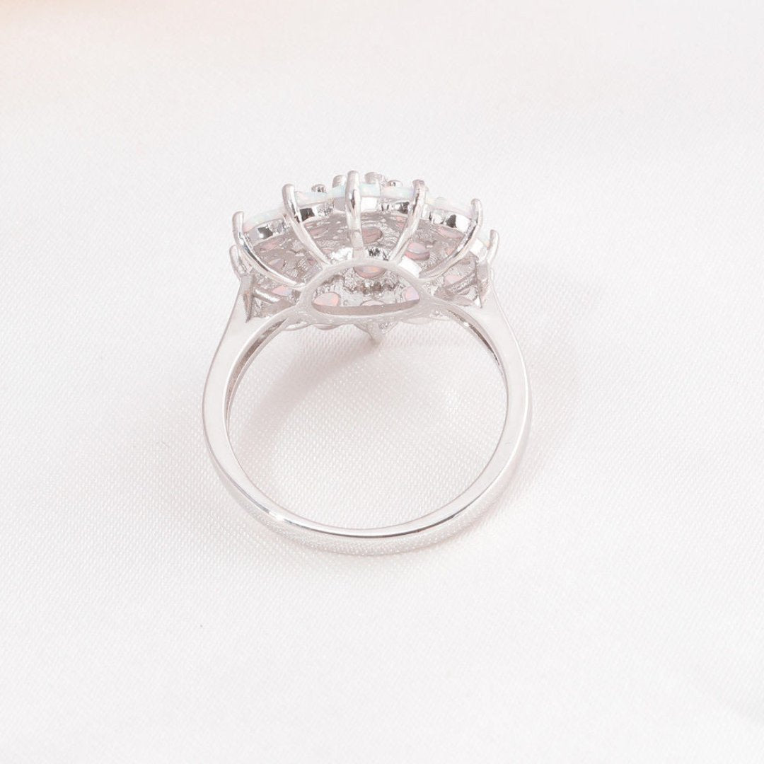 Flower White Fire Opal Silver Plated Ring