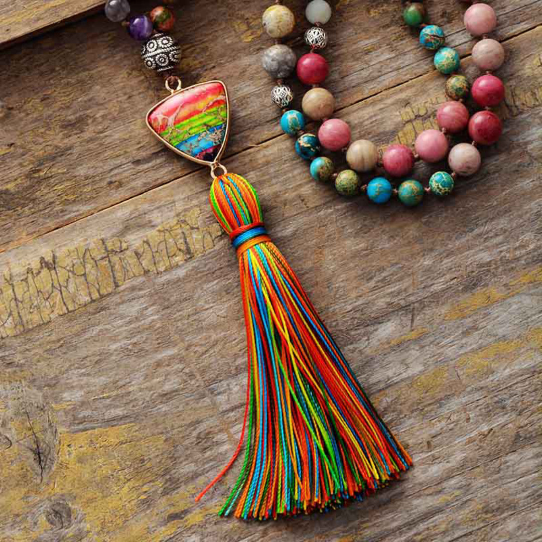 Jasper Chakra Charm Triangle Tassel Necklace
