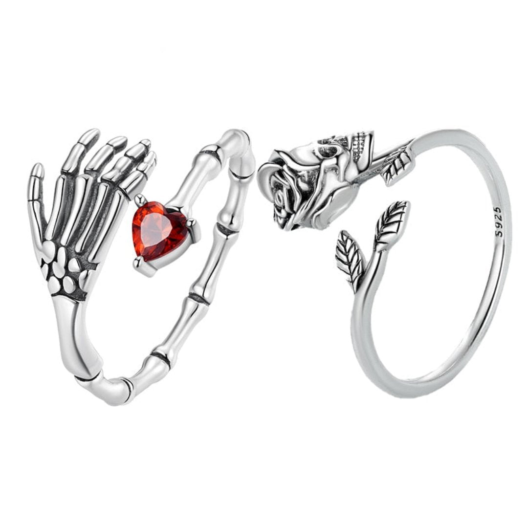 Skull Hand & Skull Rose Silver Adjustable Ring