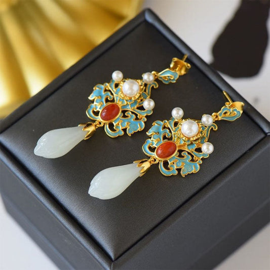 Retro White Magnolia Jade Pearl Earrings