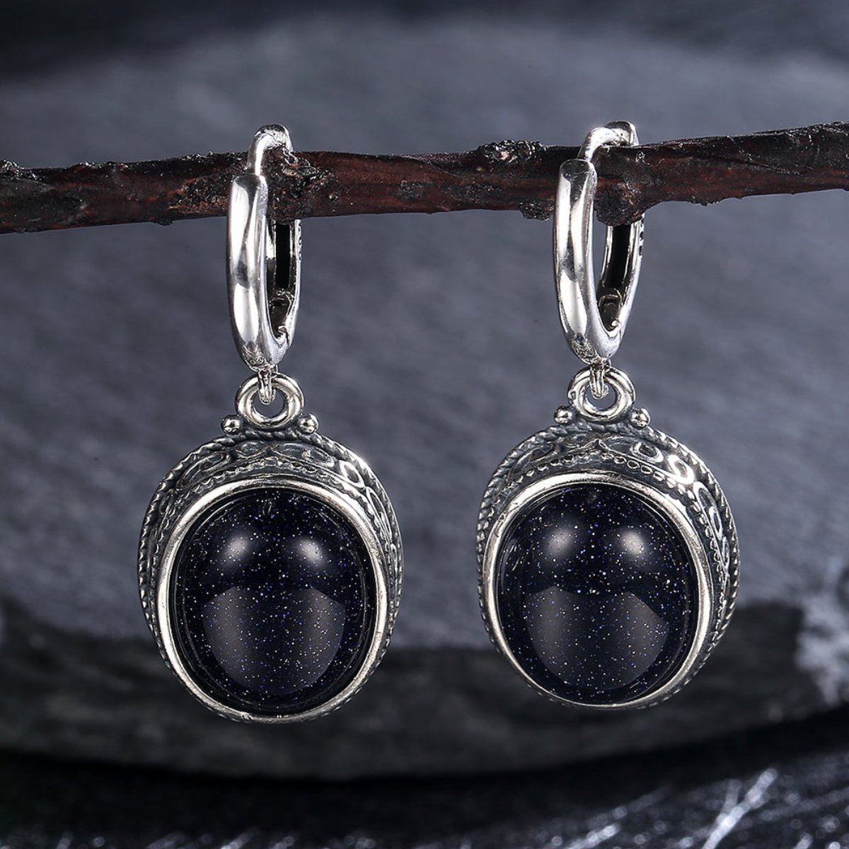 Vintage Natural Stone Oval Hoop Earrings