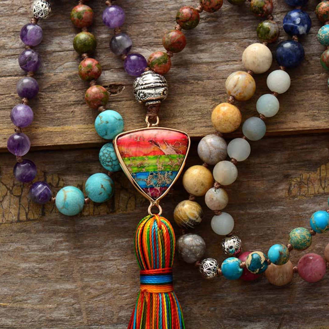 Jasper Chakra Charm Triangle Tassel Necklace