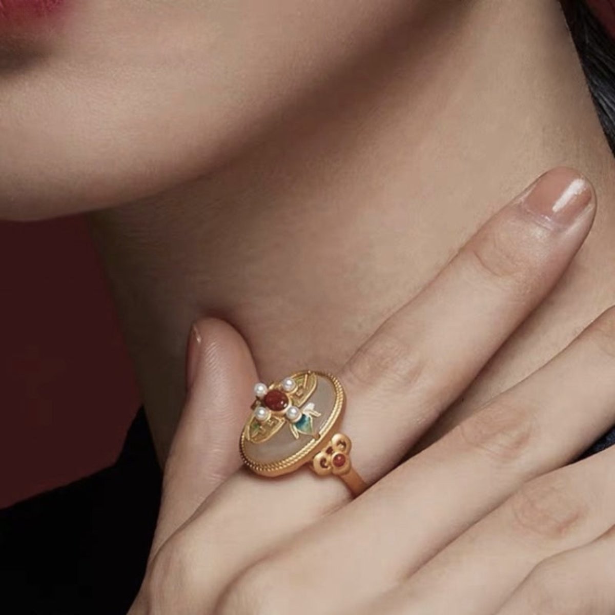 Ethnic Gold Plated Jade Agate Pearl Adjustable Ring