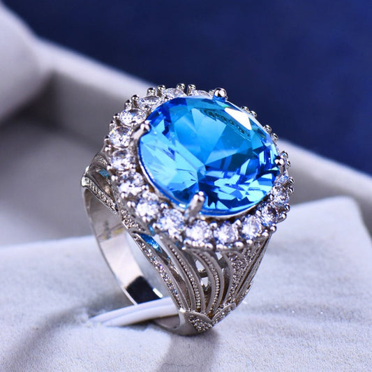 Luxury Big Blue Aquamarine Silver Ring