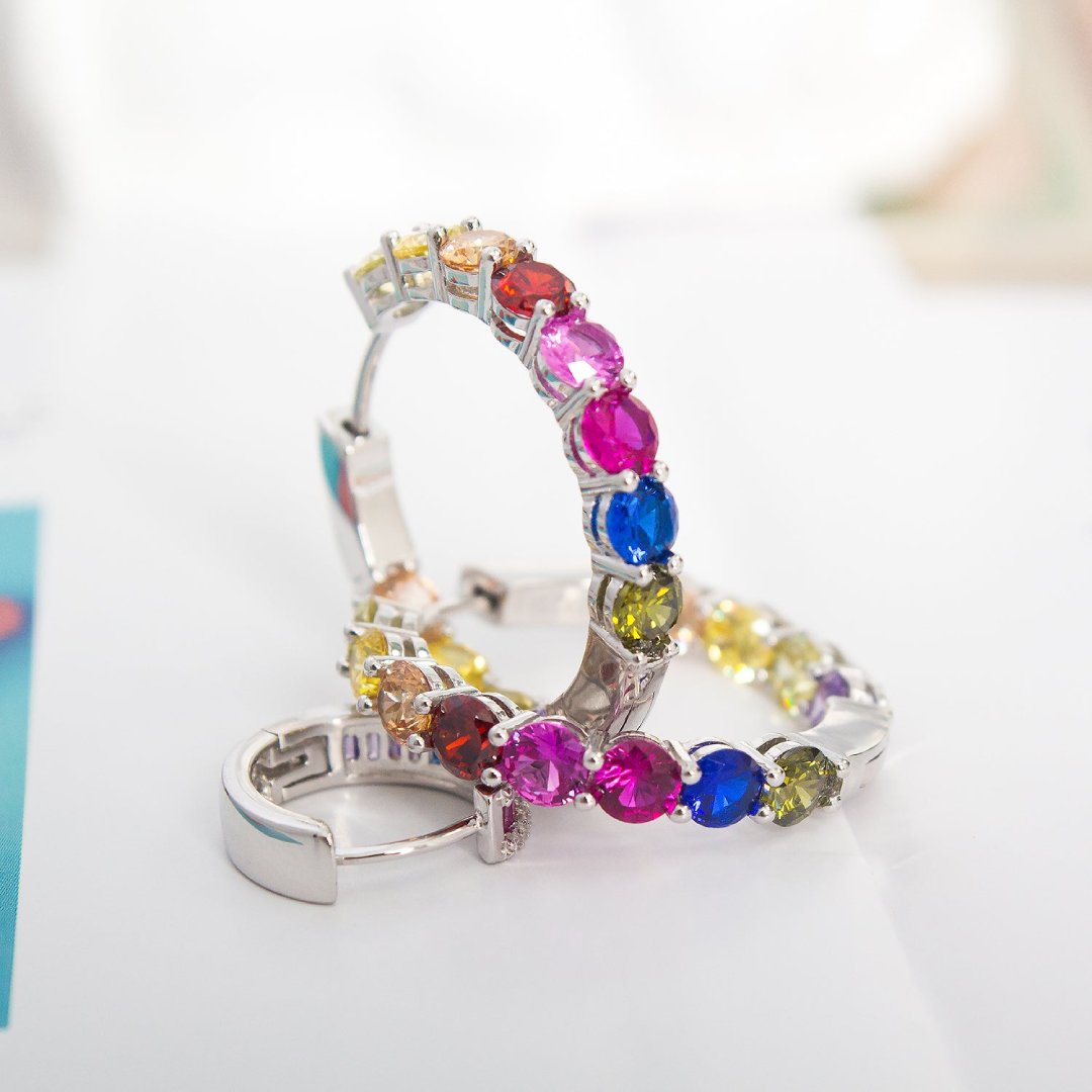 Colorful Zirconia 925 Sterling Silver Hoop Earrings