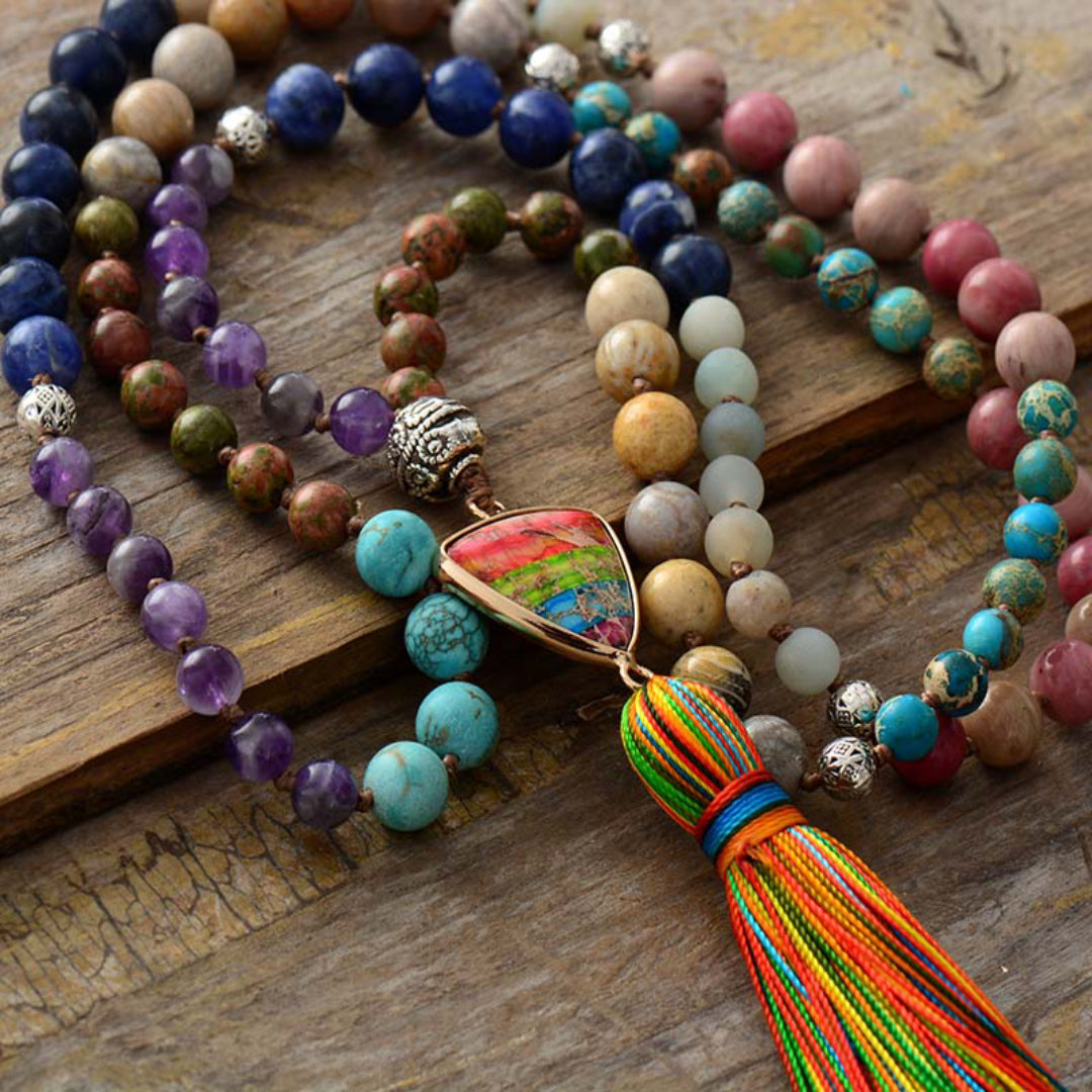 Jasper Chakra Charm Triangle Tassel Necklace