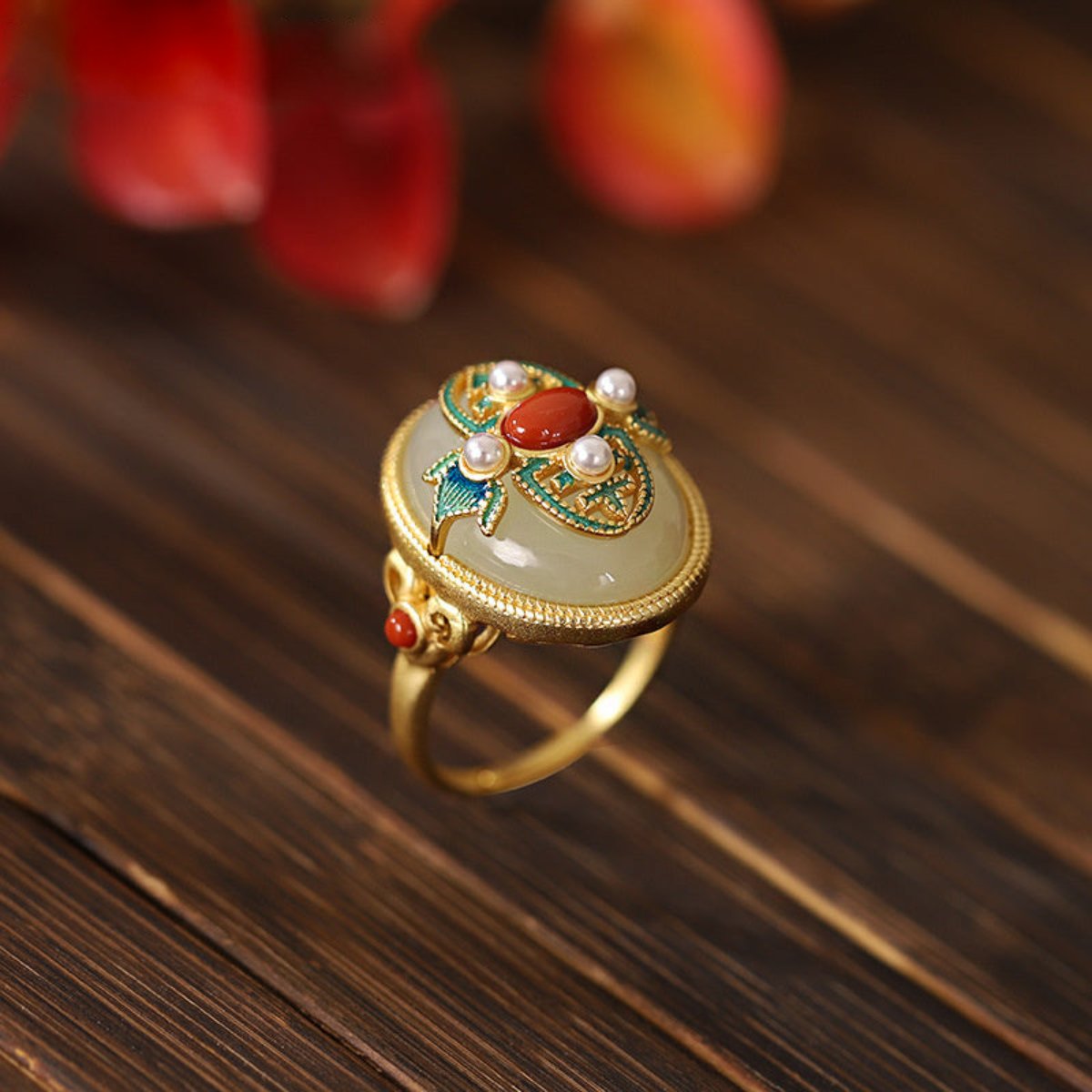 Ethnic Gold Plated Jade Agate Pearl Adjustable Ring
