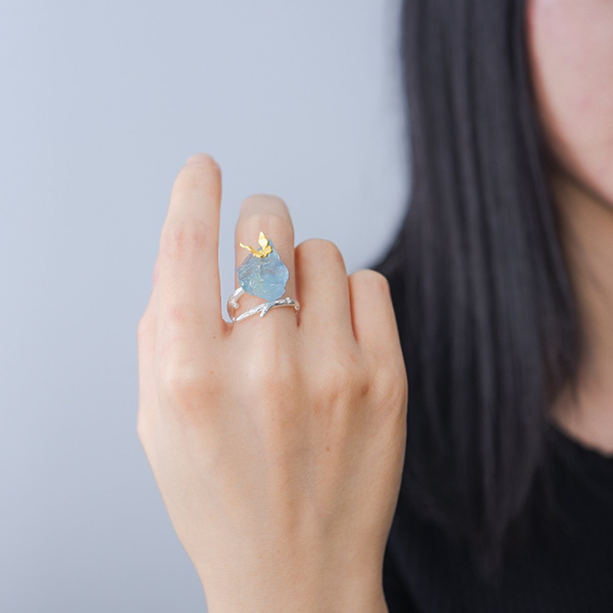 Vintage Butterfly Aquamarine Stone Adjustable Ring