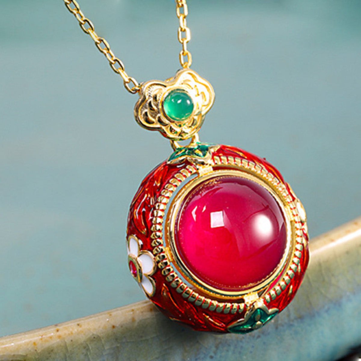 Vintage Red Corundum Sterling Silver Necklace