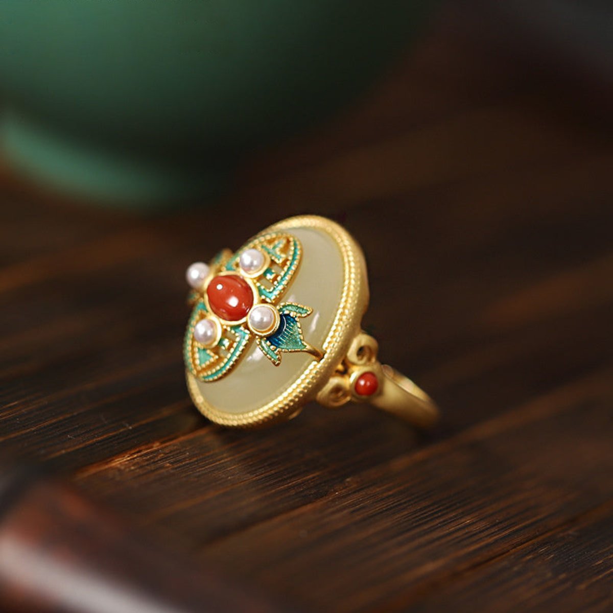 Ethnic Gold Plated Jade Agate Pearl Adjustable Ring