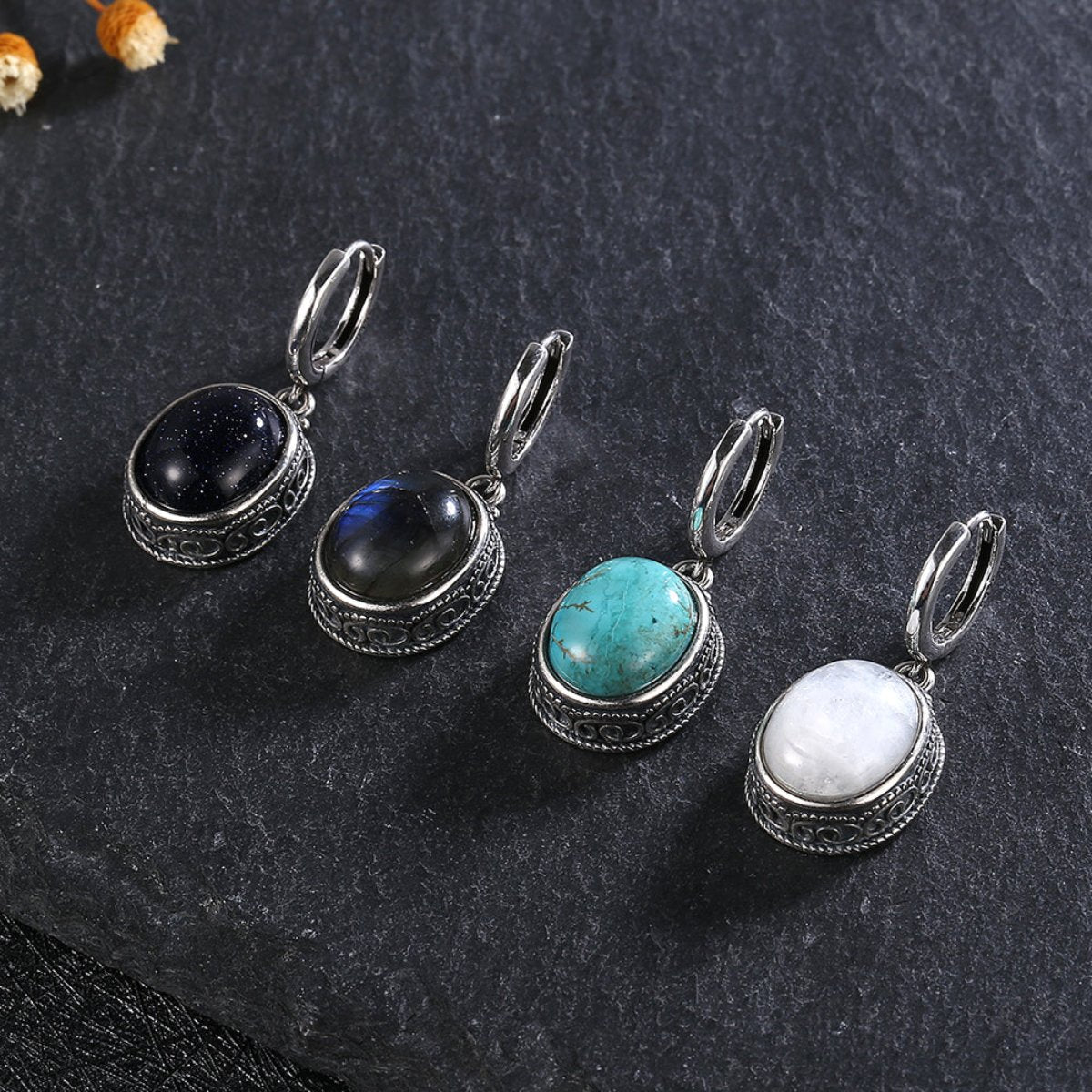 Vintage Natural Stone Oval Hoop Earrings