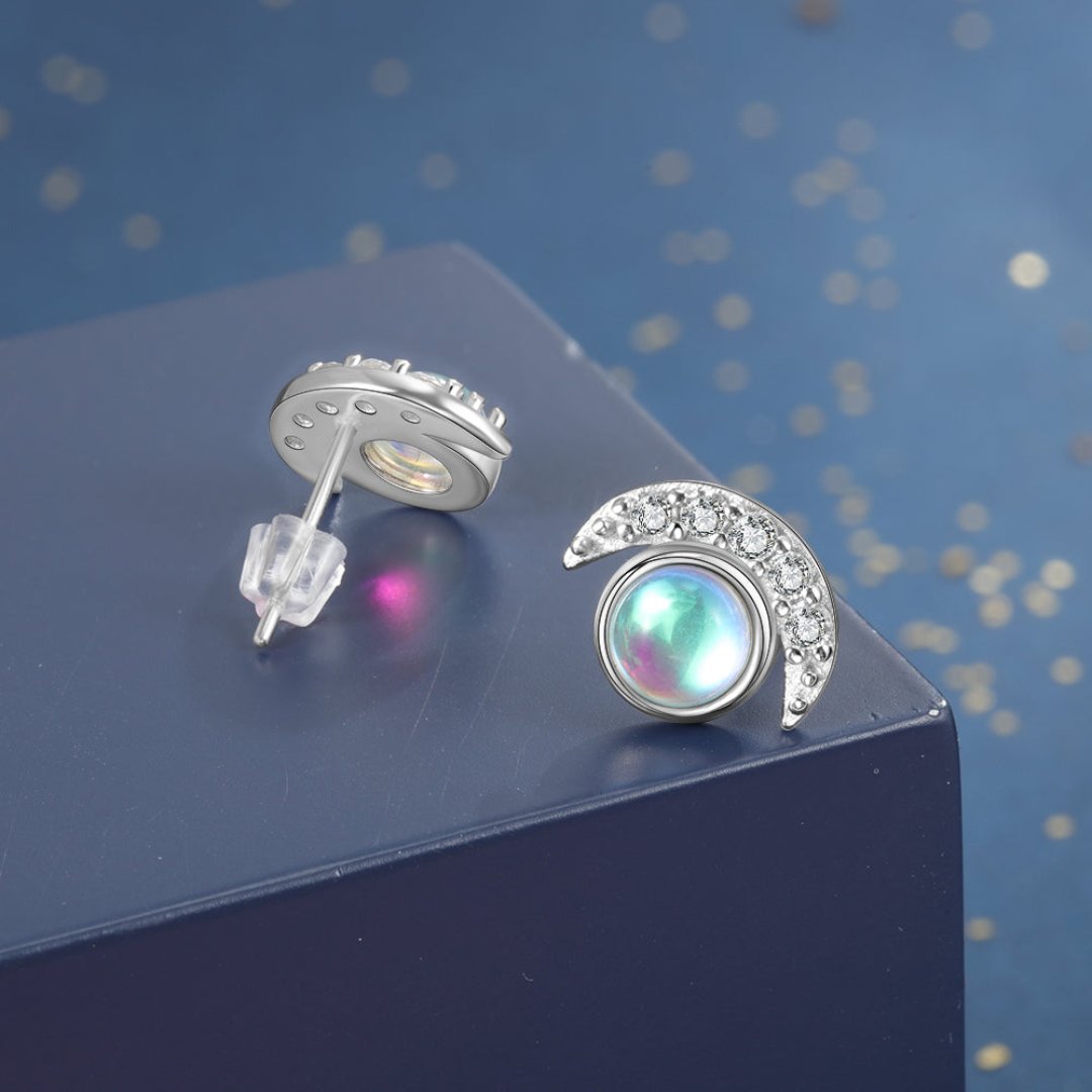 Glowing Crescent Moonstone Silver Earrings