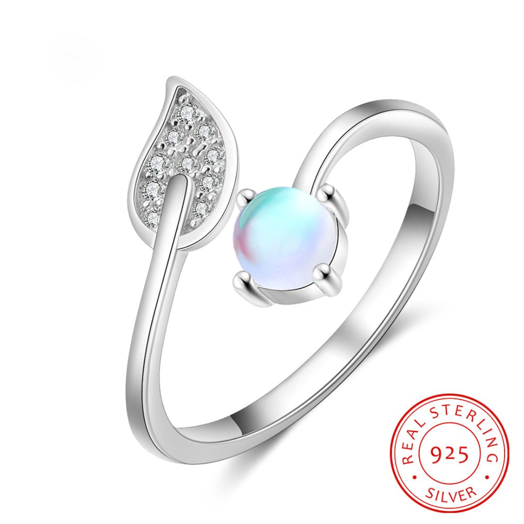 Leaf Zirconia & Moonstone Silver Adjustable Ring