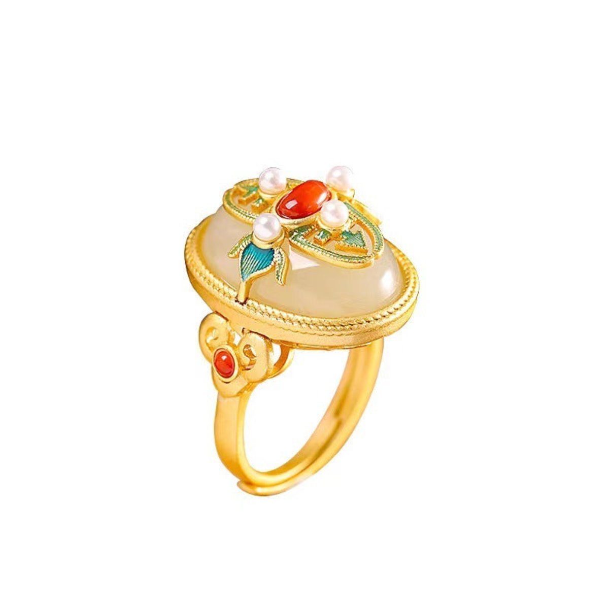 Ethnic Gold Plated Jade Agate Pearl Adjustable Ring