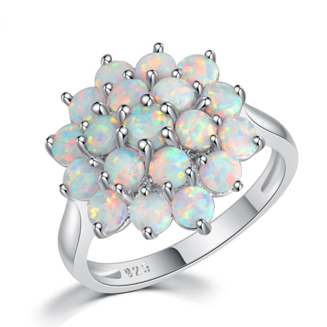 Flower White Fire Opal Silver Plated Ring