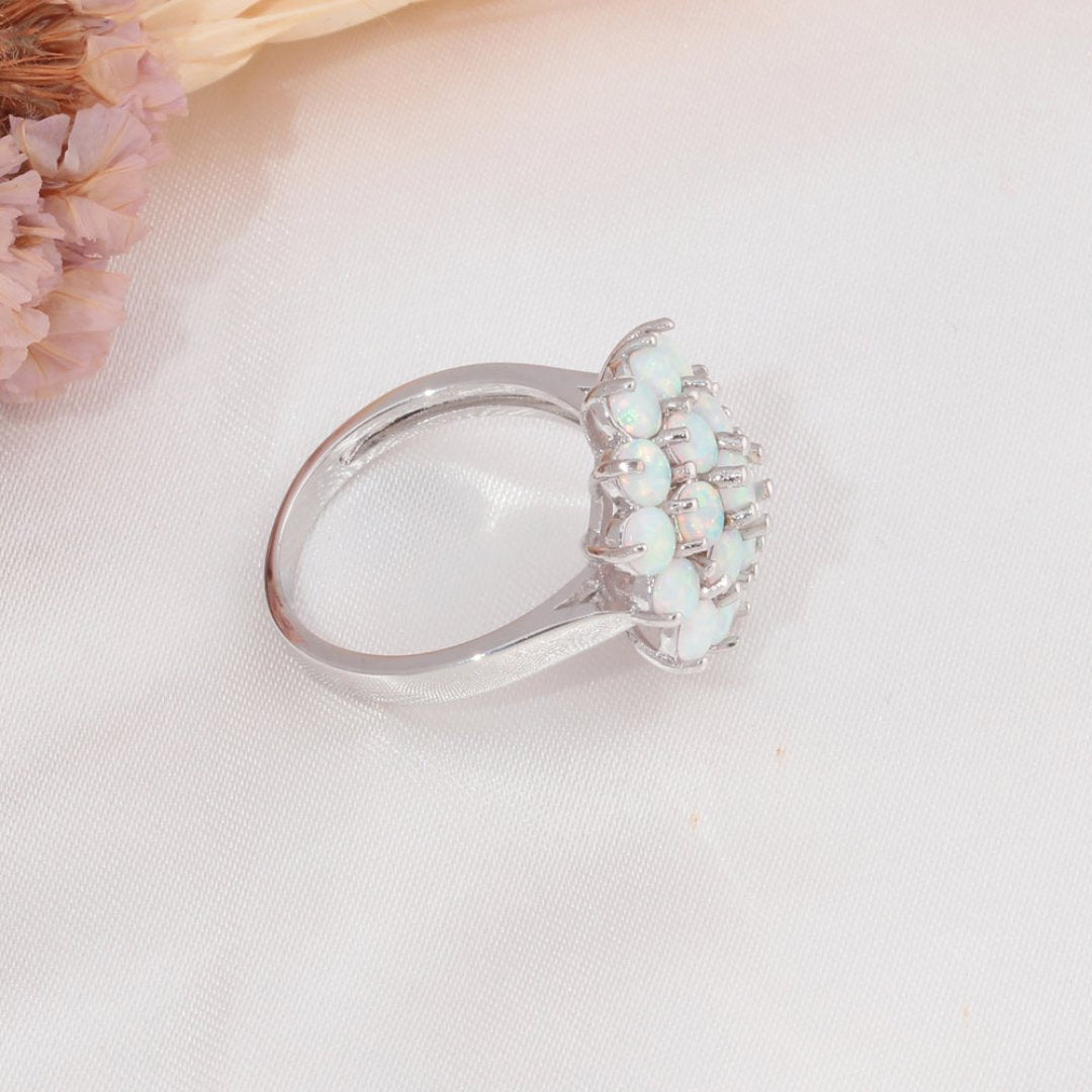 Flower White Fire Opal Silver Plated Ring