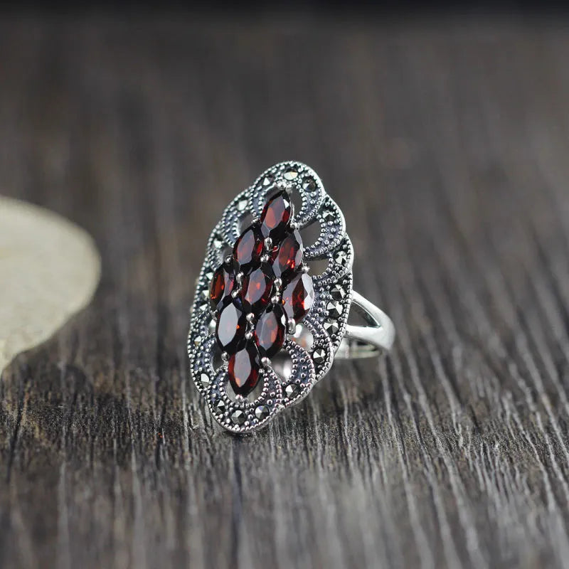 Antiker Granat 925 Sterling Silber verstellbarer Ring
