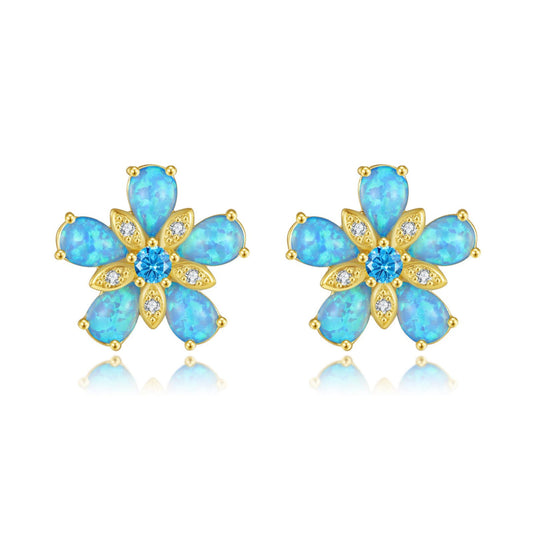 Ocean Blue Fire Opal Flower Stud Earrings